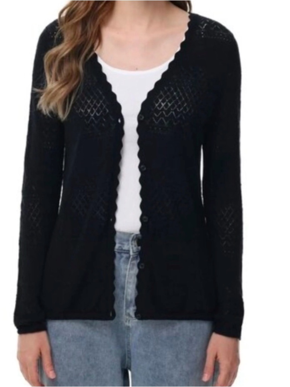 Frye Black Pointelle Cardigan Button Front Cotton Size Medium